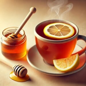 A cup of warm tea with lemon and honey, representing natural cold and flu remedies