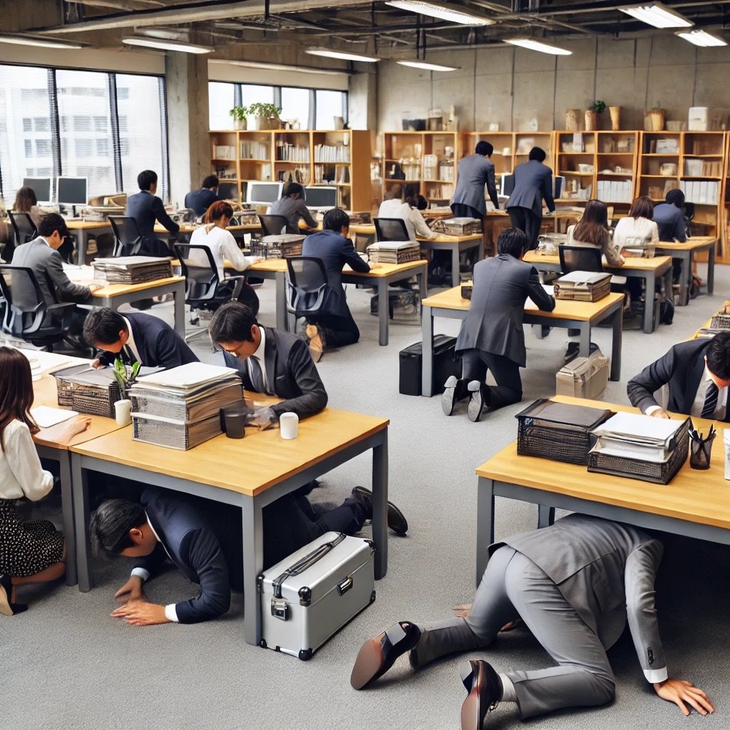 An office environment with employees participating in an earthquake drill.