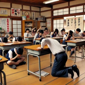 A teacher demonstrating how to take cover during an earthquake. 