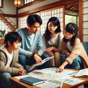 A family huddled together, going over an emergency plan with maps and documents, illustrating the importance of preparedness