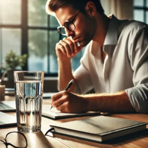 A focused individual working at a desk, demonstrating the cognitive benefits of staying hydrated