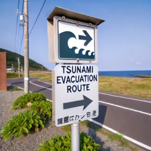 Tsunami evacuation route sign near a coastal area in Japan.