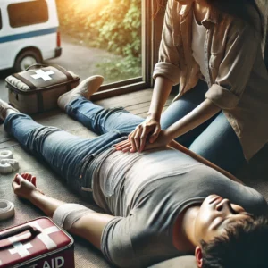 A person providing first aid to someone injured.