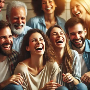 A group of friends or family members laughing together, highlighting the joy of human connection.