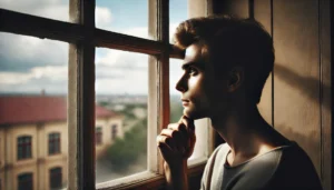 looking out of a window with a thoughtful expression, symbolizing anticipation and longing