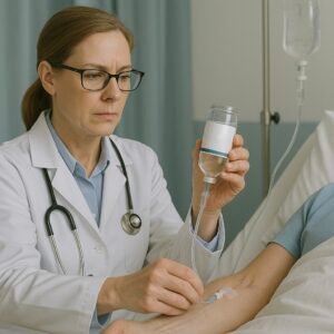 A doctor administering antibiotics via IV to a patient