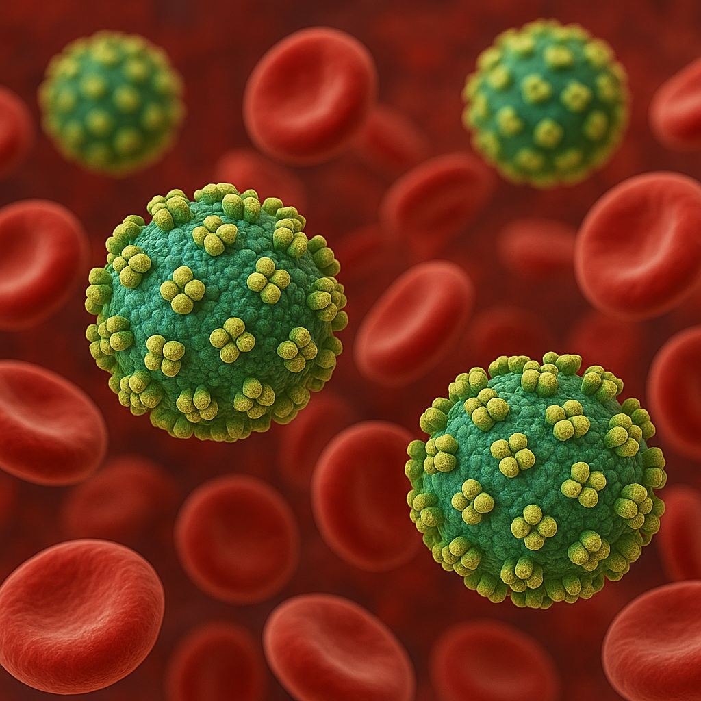 3D illustration of Chikungunya virus particles in red blood cells