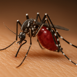 A close-up of an Aedes mosquito on human skin with visible blood