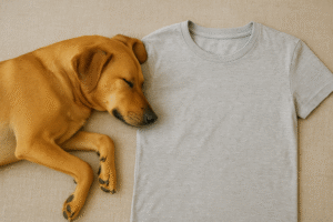 Dog resting beside a T-shirt carrying its owner’s scent for comfort