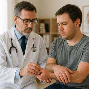 Doctor checking a patient’s joint and prescribing medication
