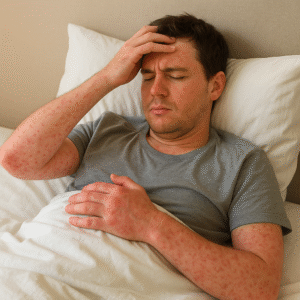 Patient with visible rash and swollen joints lying in bed