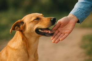 Dog joyfully sniffing owner’s hand, showing recognition and affection
